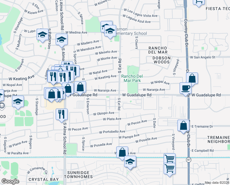 map of restaurants, bars, coffee shops, grocery stores, and more near in Mesa