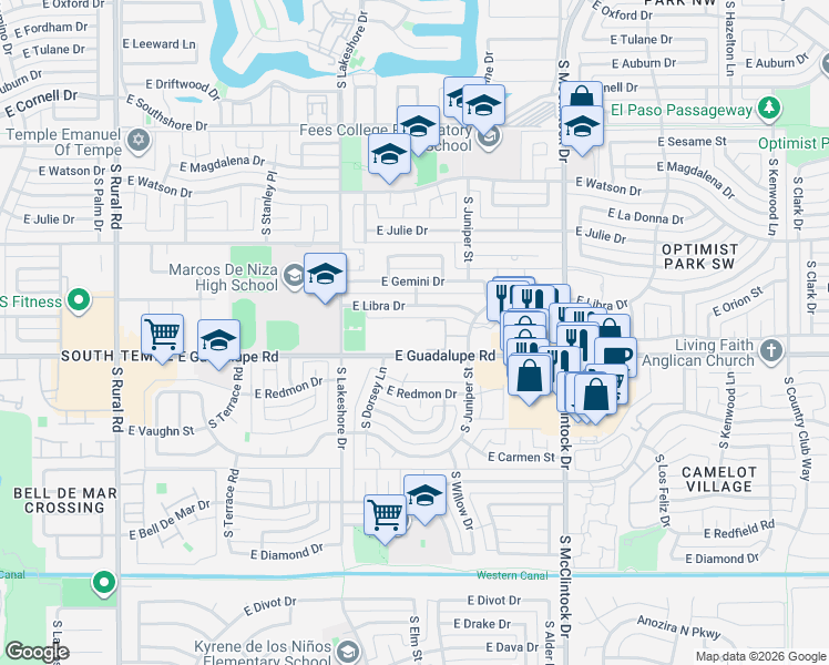 map of restaurants, bars, coffee shops, grocery stores, and more near lot 1402 East Guadalupe Road in Tempe