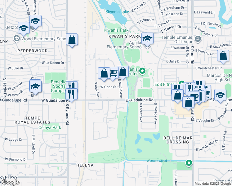 map of restaurants, bars, coffee shops, grocery stores, and more near 6350 South Maple Avenue in Tempe