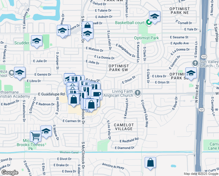 map of restaurants, bars, coffee shops, grocery stores, and more near 6235 South Los Feliz Drive in Tempe