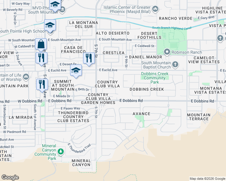 map of restaurants, bars, coffee shops, grocery stores, and more near 813 East Siesta Drive in Phoenix