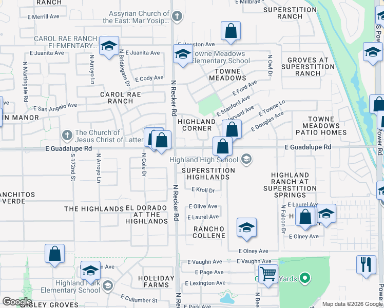 map of restaurants, bars, coffee shops, grocery stores, and more near 4048 East Aspen Way in Gilbert