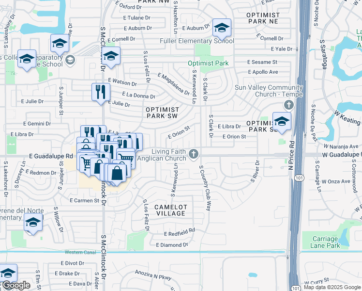 map of restaurants, bars, coffee shops, grocery stores, and more near 1952 East Pegasus Drive in Tempe