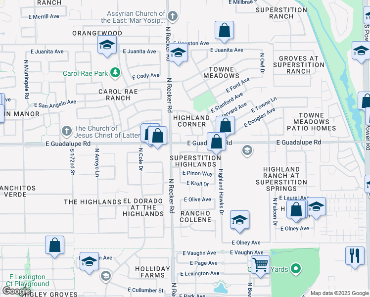 map of restaurants, bars, coffee shops, grocery stores, and more near 4048 East Aspen Way in Gilbert