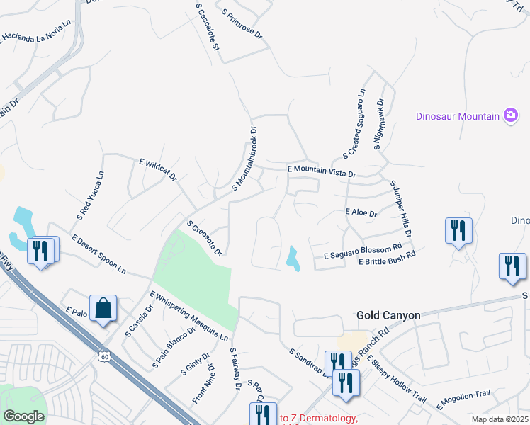 map of restaurants, bars, coffee shops, grocery stores, and more near 5556 South Pinnacle Lane in Gold Canyon