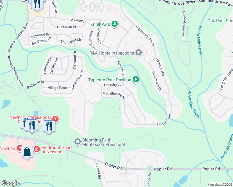 map of restaurants, bars, coffee shops, grocery stores, and more near Medallion Park in Newnan