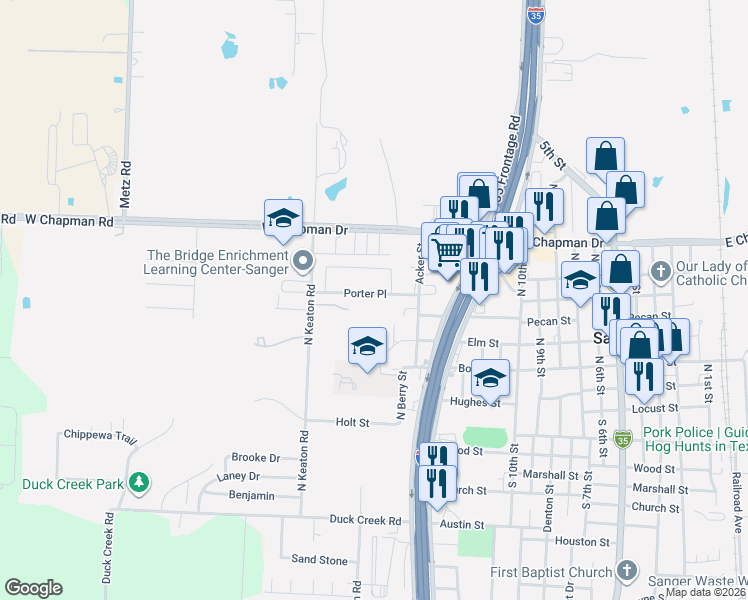 map of restaurants, bars, coffee shops, grocery stores, and more near 1011 Porter Place in Sanger