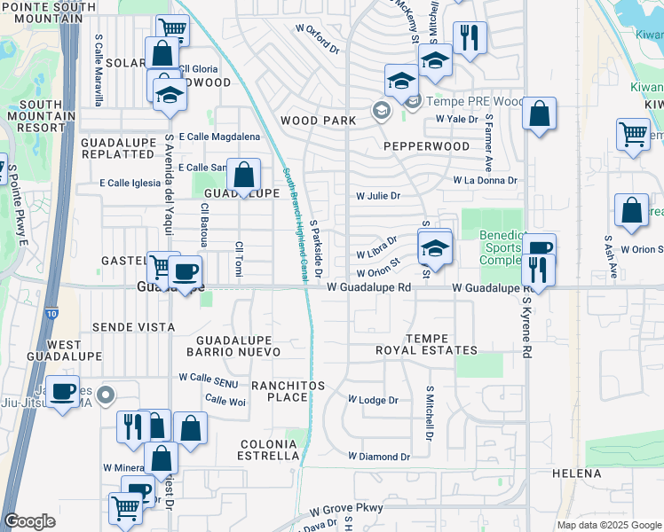 map of restaurants, bars, coffee shops, grocery stores, and more near 6346 S Colonial Way in Tempe