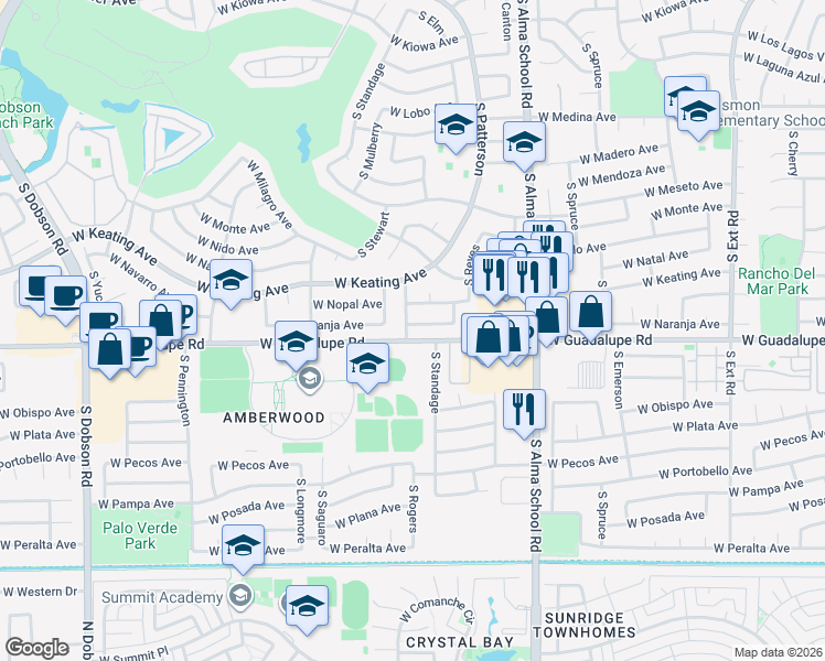 map of restaurants, bars, coffee shops, grocery stores, and more near 1415 West Naranja Avenue in Mesa