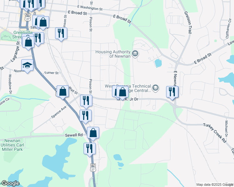 map of restaurants, bars, coffee shops, grocery stores, and more near 31 Mary Ann Street in Newnan