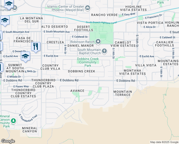 map of restaurants, bars, coffee shops, grocery stores, and more near 9000 South 12th Street in Phoenix