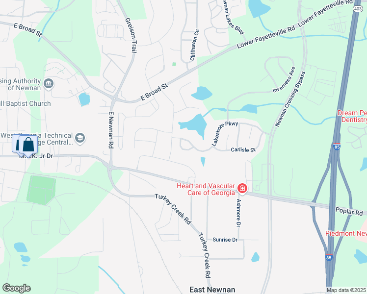 map of restaurants, bars, coffee shops, grocery stores, and more near 42 Brisbane Court in Newnan