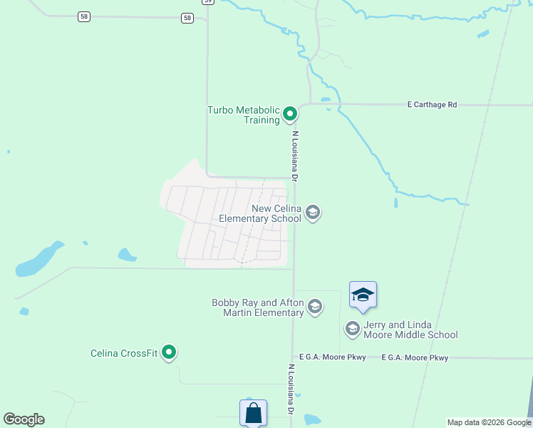 map of restaurants, bars, coffee shops, grocery stores, and more near Highway 289 Business in Celina