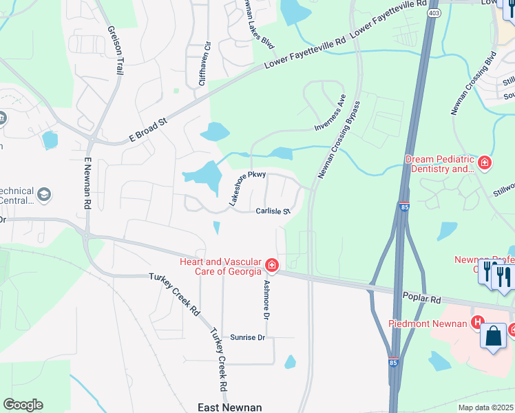 map of restaurants, bars, coffee shops, grocery stores, and more near 58 Carlisle Street in Newnan