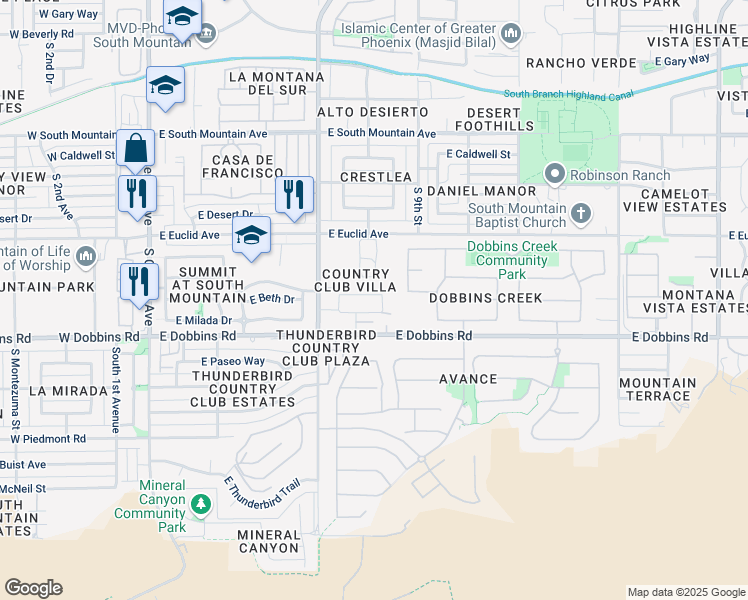 map of restaurants, bars, coffee shops, grocery stores, and more near 813 East Siesta Drive in Phoenix