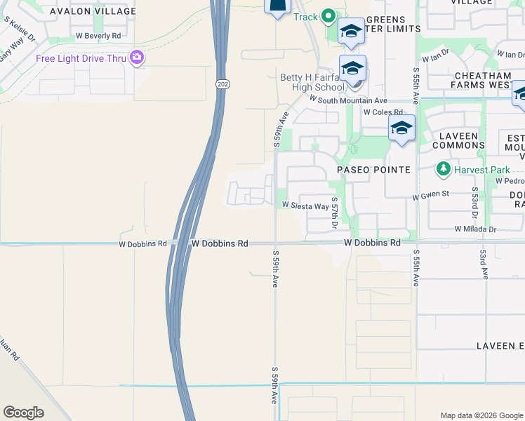 map of restaurants, bars, coffee shops, grocery stores, and more near 9100 South 59th Avenue in Phoenix