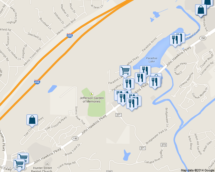 map of restaurants, bars, coffee shops, grocery stores, and more near 4968 Paradise Lake Circle in Birmingham