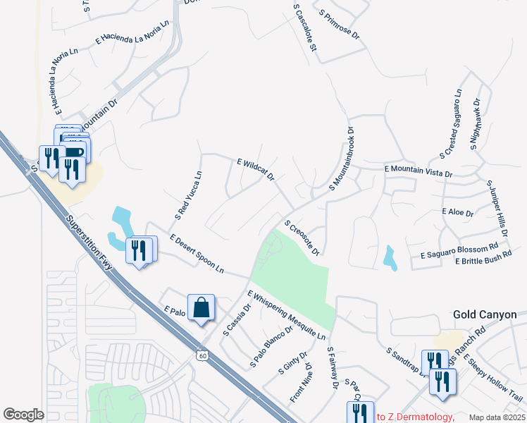 map of restaurants, bars, coffee shops, grocery stores, and more near 5523 South Indigo Drive in Gold Canyon