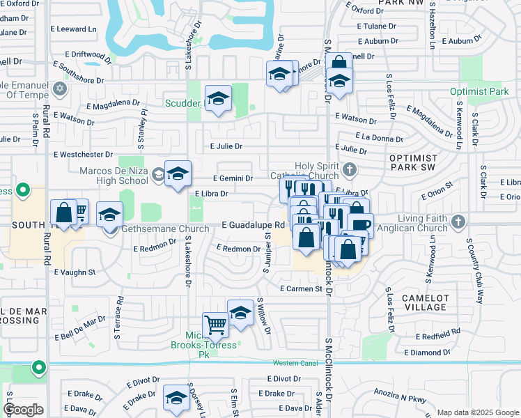 map of restaurants, bars, coffee shops, grocery stores, and more near 8 South Juniper Street in Tempe