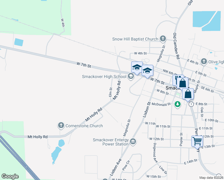map of restaurants, bars, coffee shops, grocery stores, and more near 811 Elm Street in Smackover