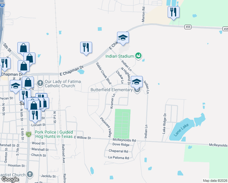 map of restaurants, bars, coffee shops, grocery stores, and more near 52 Kramer Lane in Sanger