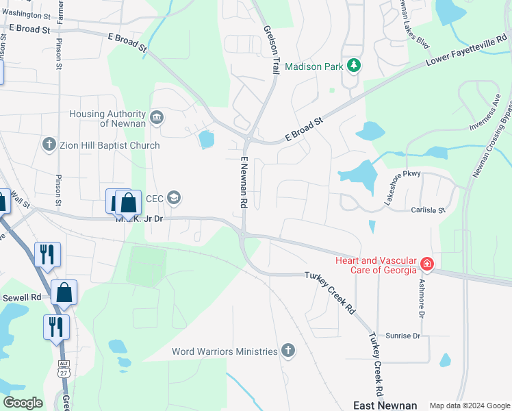 map of restaurants, bars, coffee shops, grocery stores, and more near 227 Preserve Drive in Newnan