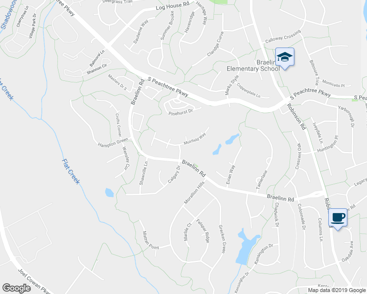 map of restaurants, bars, coffee shops, grocery stores, and more near 300 Muirfield Way in Peachtree City