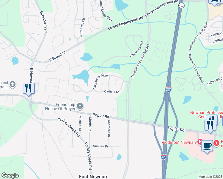 map of restaurants, bars, coffee shops, grocery stores, and more near 80 Carlisle Street in Newnan
