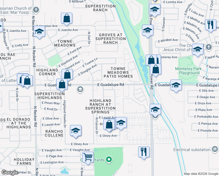 map of restaurants, bars, coffee shops, grocery stores, and more near 4482 East Aspen Way in Gilbert