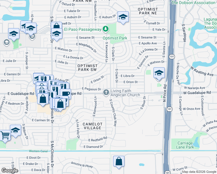 map of restaurants, bars, coffee shops, grocery stores, and more near 6246 S Country Club Way in Tempe