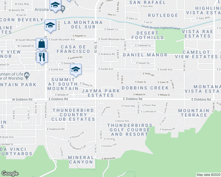 map of restaurants, bars, coffee shops, grocery stores, and more near 813 East Siesta Drive in Phoenix