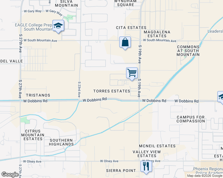map of restaurants, bars, coffee shops, grocery stores, and more near 2064 West Dobbins Road in Phoenix