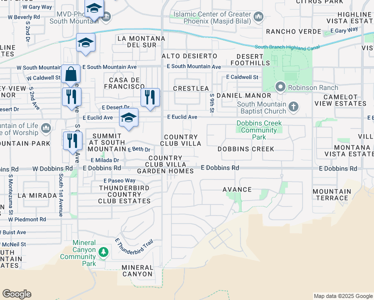 map of restaurants, bars, coffee shops, grocery stores, and more near 811 East Siesta Drive in Phoenix