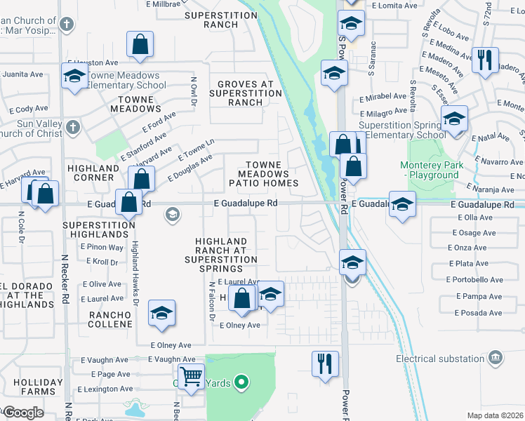 map of restaurants, bars, coffee shops, grocery stores, and more near 4544 East Aspen Way in Gilbert