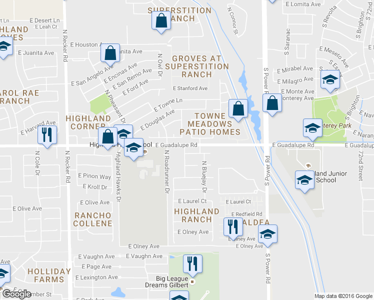 map of restaurants, bars, coffee shops, grocery stores, and more near 4482 East Aspen Way in Gilbert