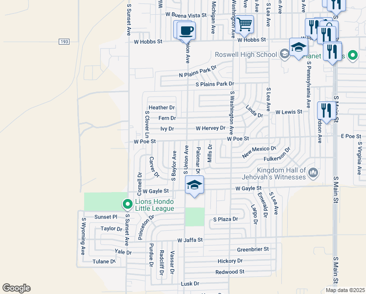map of restaurants, bars, coffee shops, grocery stores, and more near 2202 South Union Avenue in Roswell
