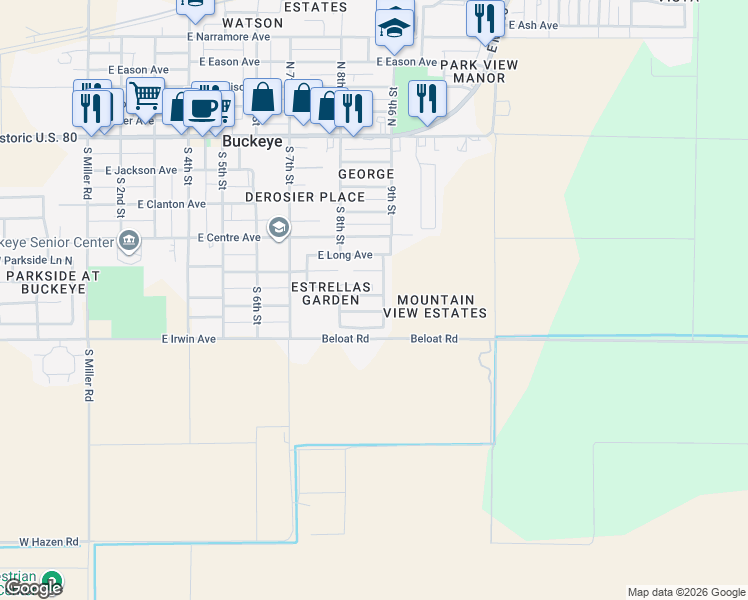 map of restaurants, bars, coffee shops, grocery stores, and more near 813 East Roberts Avenue in Buckeye