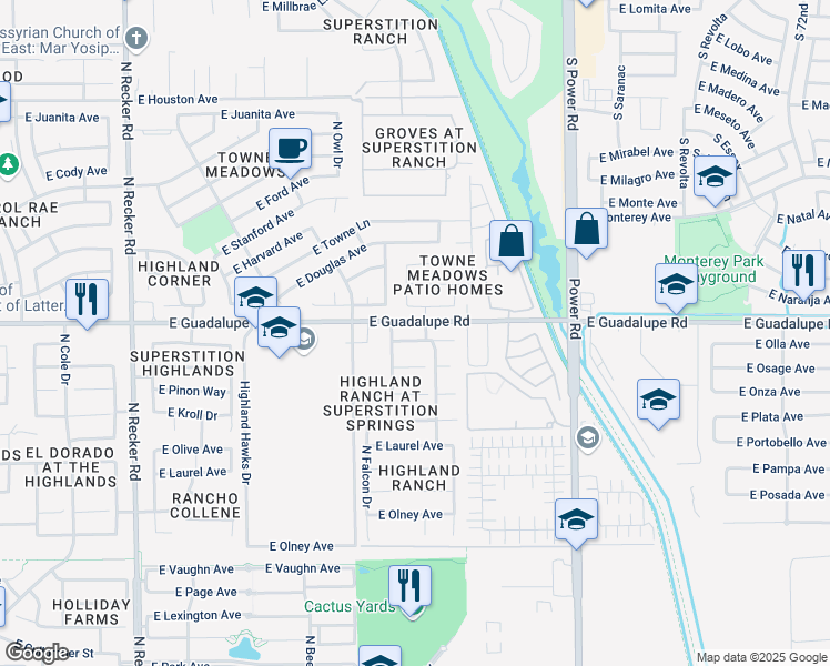 map of restaurants, bars, coffee shops, grocery stores, and more near 4482 East Aspen Way in Gilbert