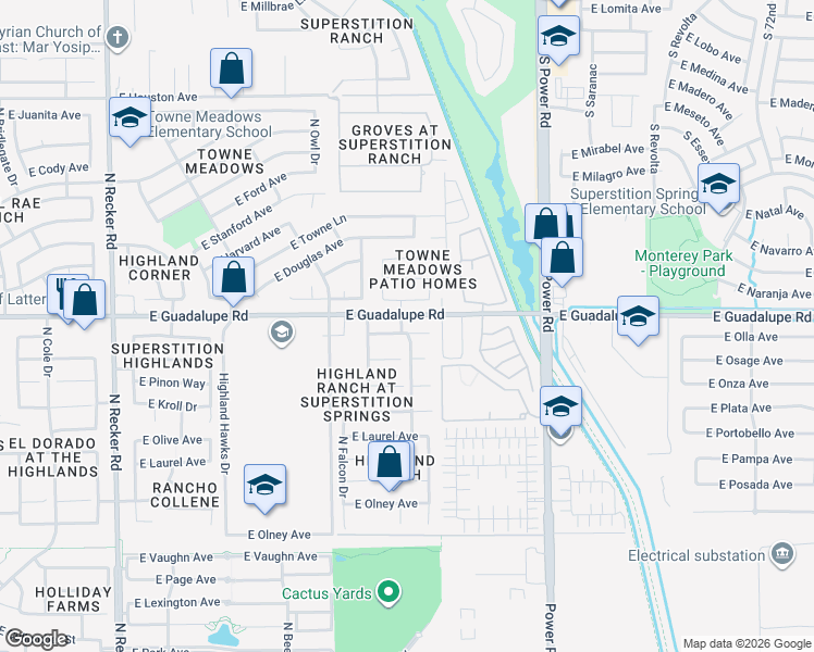 map of restaurants, bars, coffee shops, grocery stores, and more near 4544 East Aspen Way in Gilbert