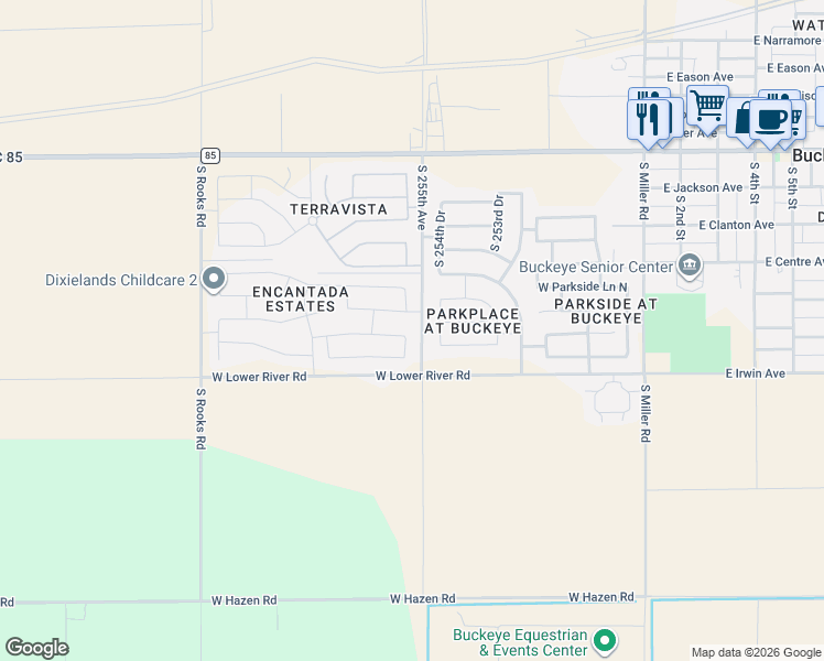 map of restaurants, bars, coffee shops, grocery stores, and more near 25555 West Beth Drive in Buckeye