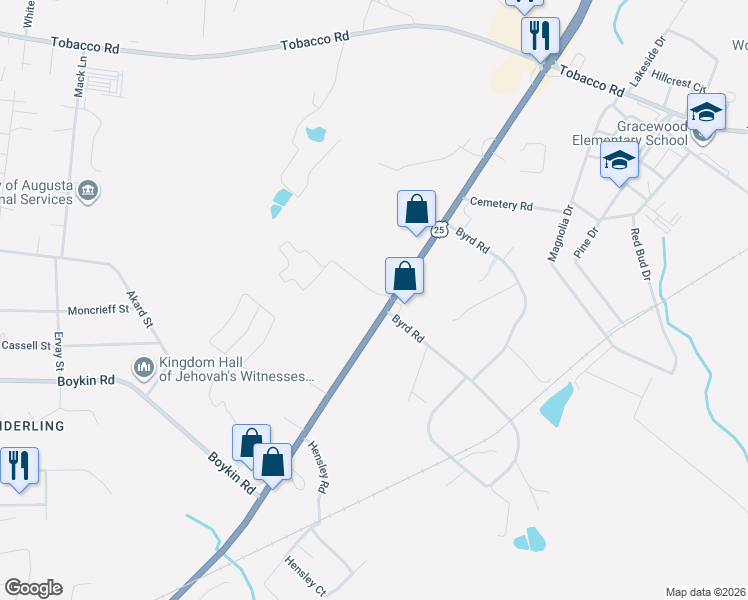 map of restaurants, bars, coffee shops, grocery stores, and more near 3701 Peach Orchard Road in Augusta
