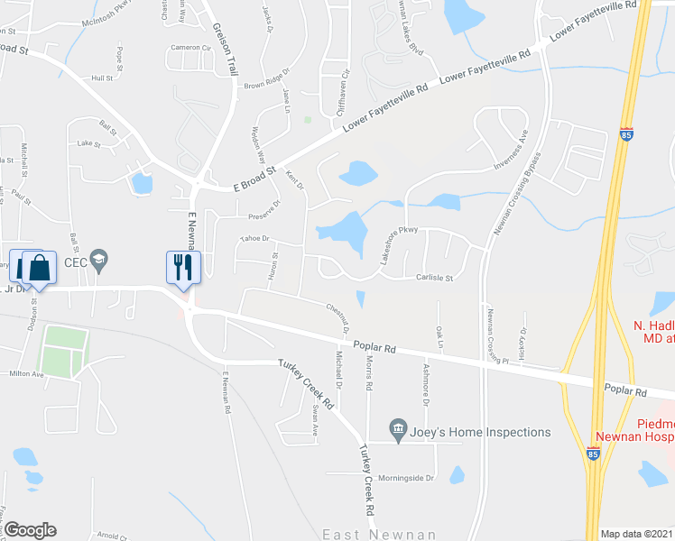 map of restaurants, bars, coffee shops, grocery stores, and more near 42 Brisbane Ct in Newnan