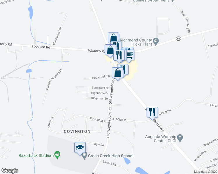 map of restaurants, bars, coffee shops, grocery stores, and more near 1205 Longpoint Drive in Augusta