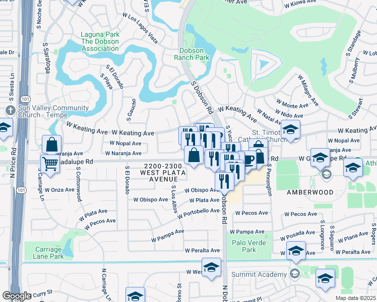 map of restaurants, bars, coffee shops, grocery stores, and more near 2062 West Guadalupe Road in Mesa