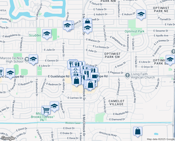 map of restaurants, bars, coffee shops, grocery stores, and more near in Tempe
