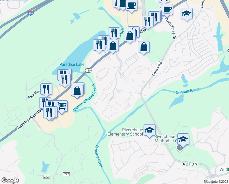 map of restaurants, bars, coffee shops, grocery stores, and more near 1305 Crowne Reserve Drive in Hoover
