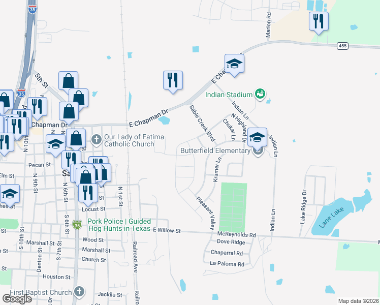 map of restaurants, bars, coffee shops, grocery stores, and more near 2 Grouse Run in Sanger