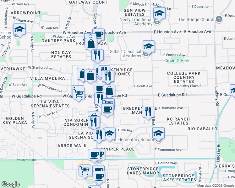 map of restaurants, bars, coffee shops, grocery stores, and more near 170 East Guadalupe Road in Gilbert