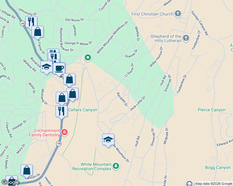 map of restaurants, bars, coffee shops, grocery stores, and more near 202 Racquet Drive in Ruidoso