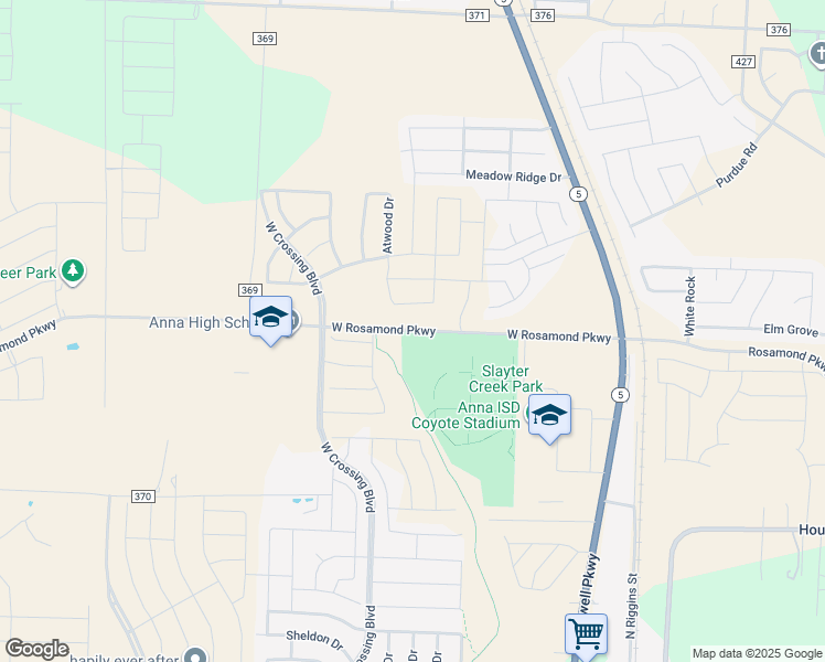 map of restaurants, bars, coffee shops, grocery stores, and more near West Rosamond Parkway in Anna